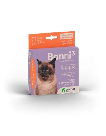 Antipulgas e Carrapatos Banni3 para Gatos 0,90 mL 2,6Kg a 7,5Kg Combo com 3 - Ourofino